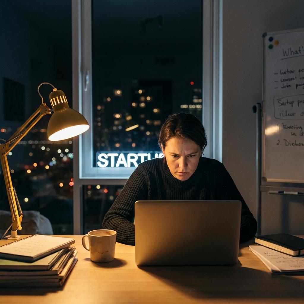 Founder working at laptop late at night