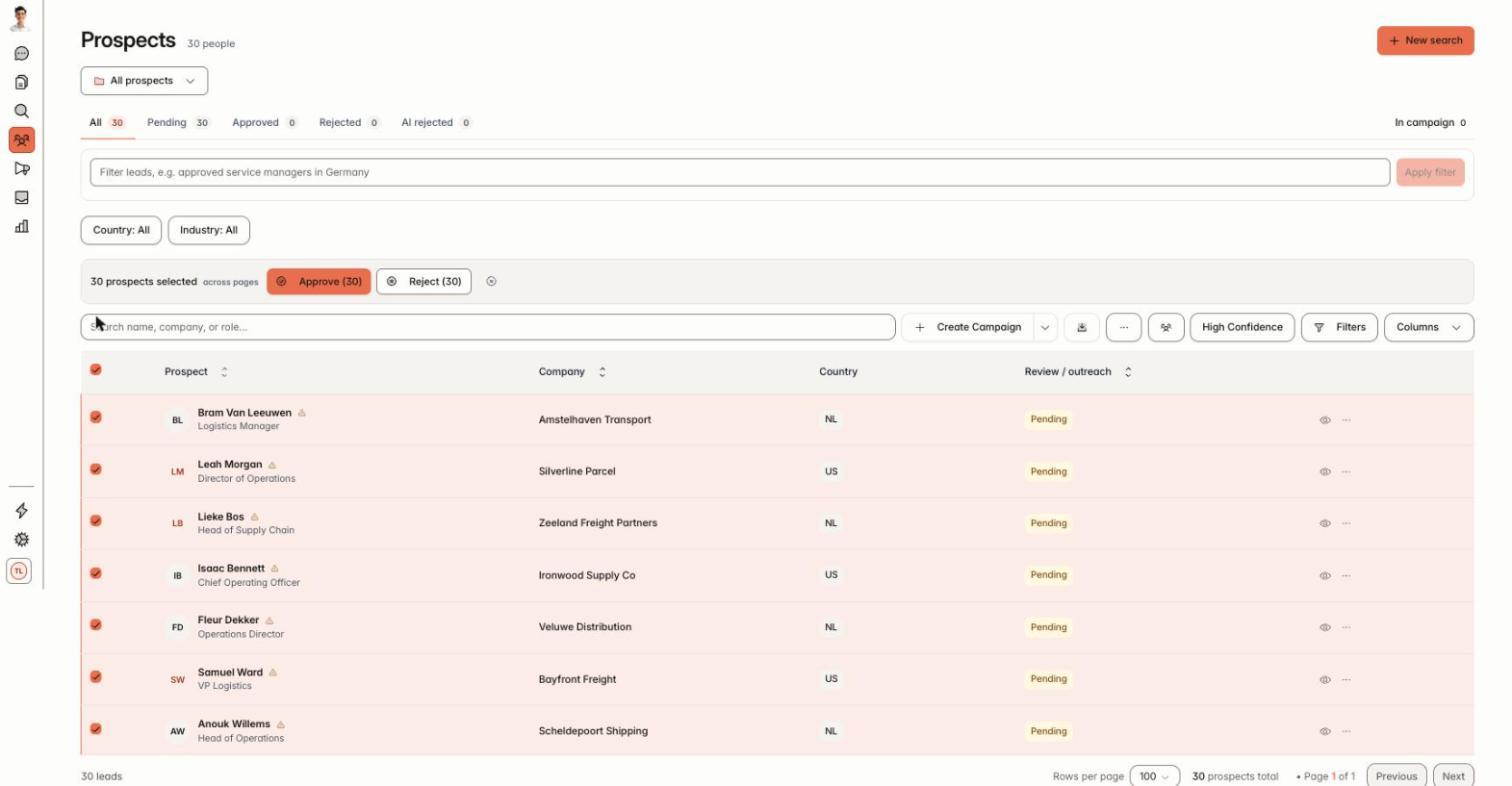 Sam Prospects screen showing a list ready for review