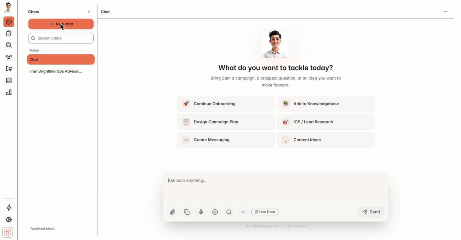 Sam start screen with chat and campaign tools