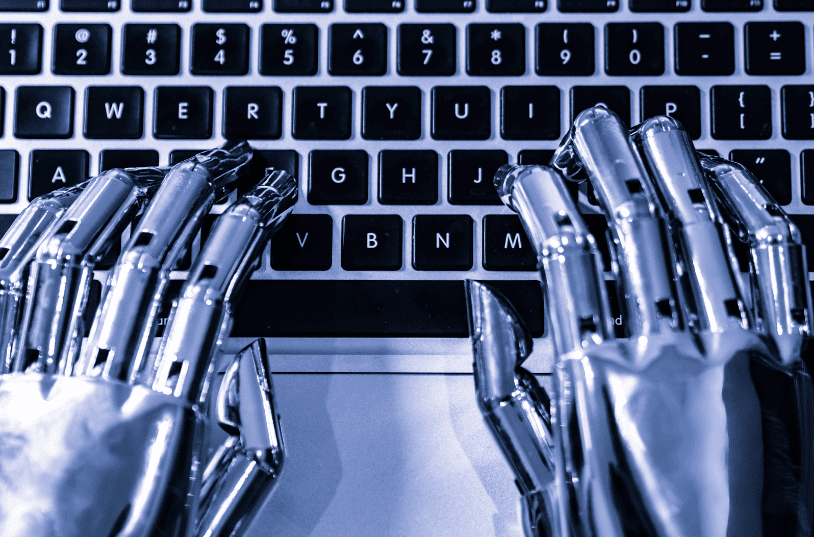 AI Robot Typing on Laptop